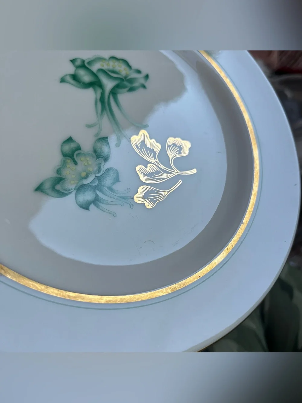 Vintage Wentworth China Columbine Green Floral Salad Plate Gold Trim Cottagecore